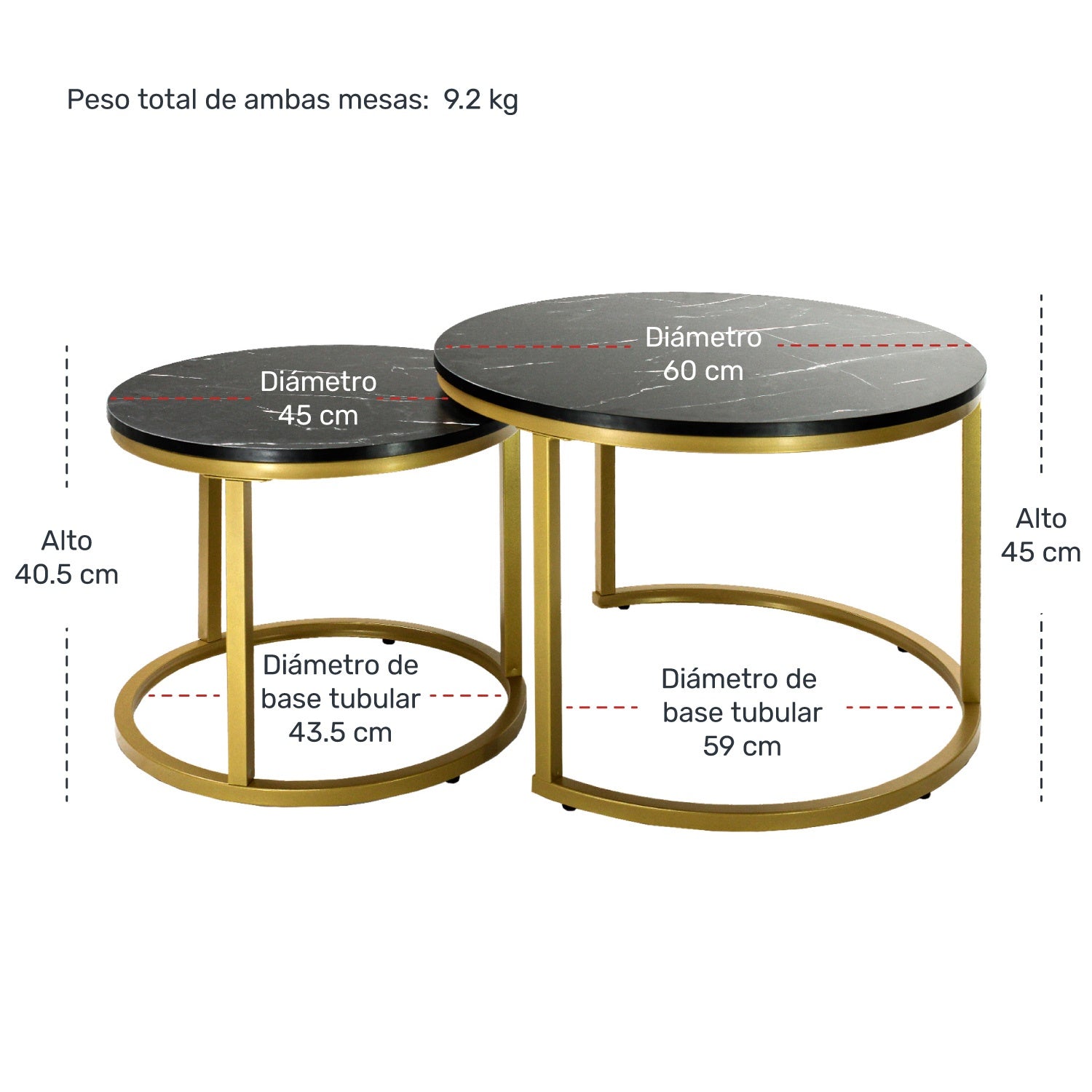 Set 2 Mesas De Centro Redondas Color Negro 45cm Y 60cm