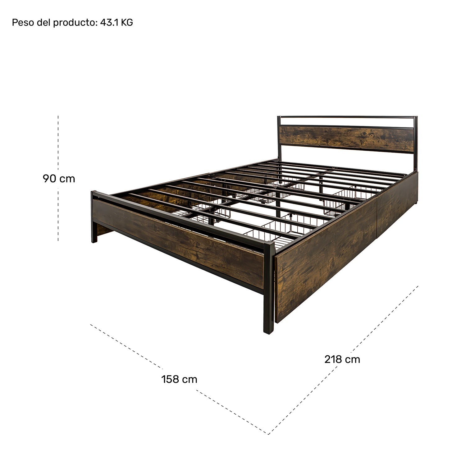 Base Cama Queen Country Tipo Madera Cajones Metal Acero