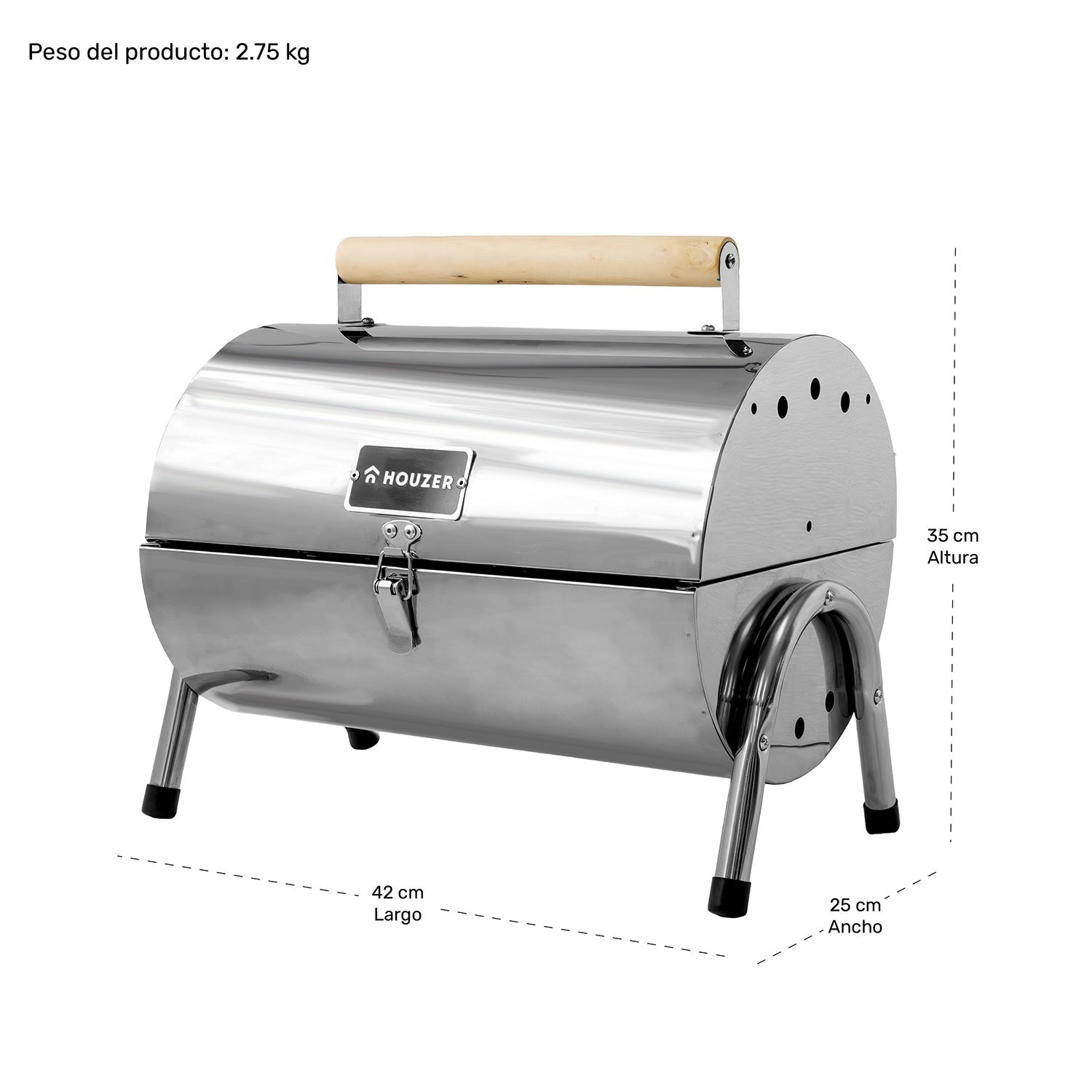 Asador Carbon Portatil Tipo Barril Cromado 2 Parrillas 42x35 Color Cromo