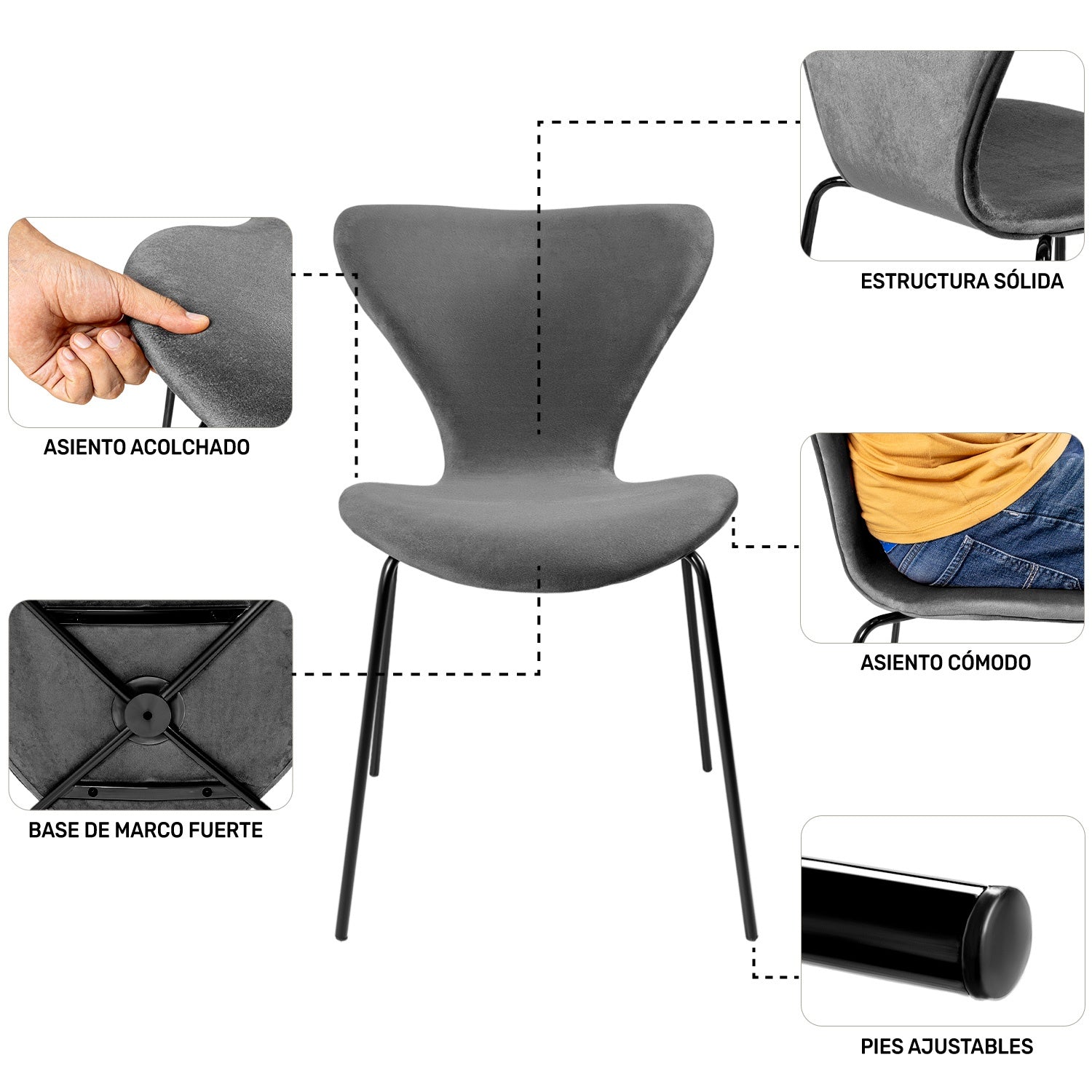 Silla Tapizada Terciopelo Comedor Minimalista Gris Oscuro