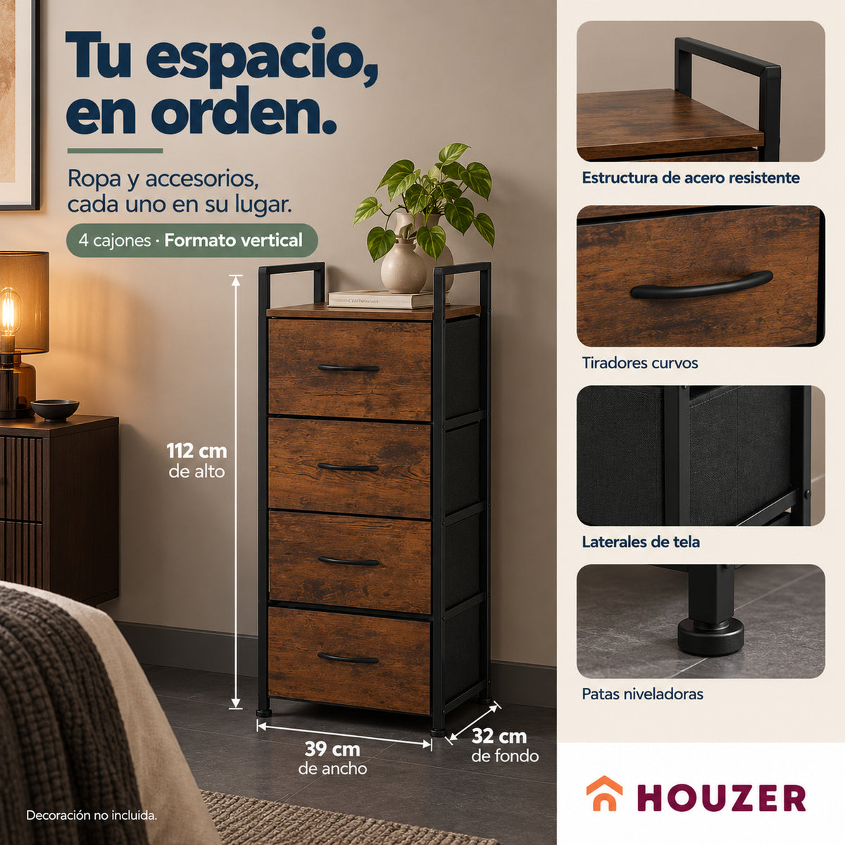 Comoda Cajonera Vertical 4 Cajones Organizador Ropa Recamara Country