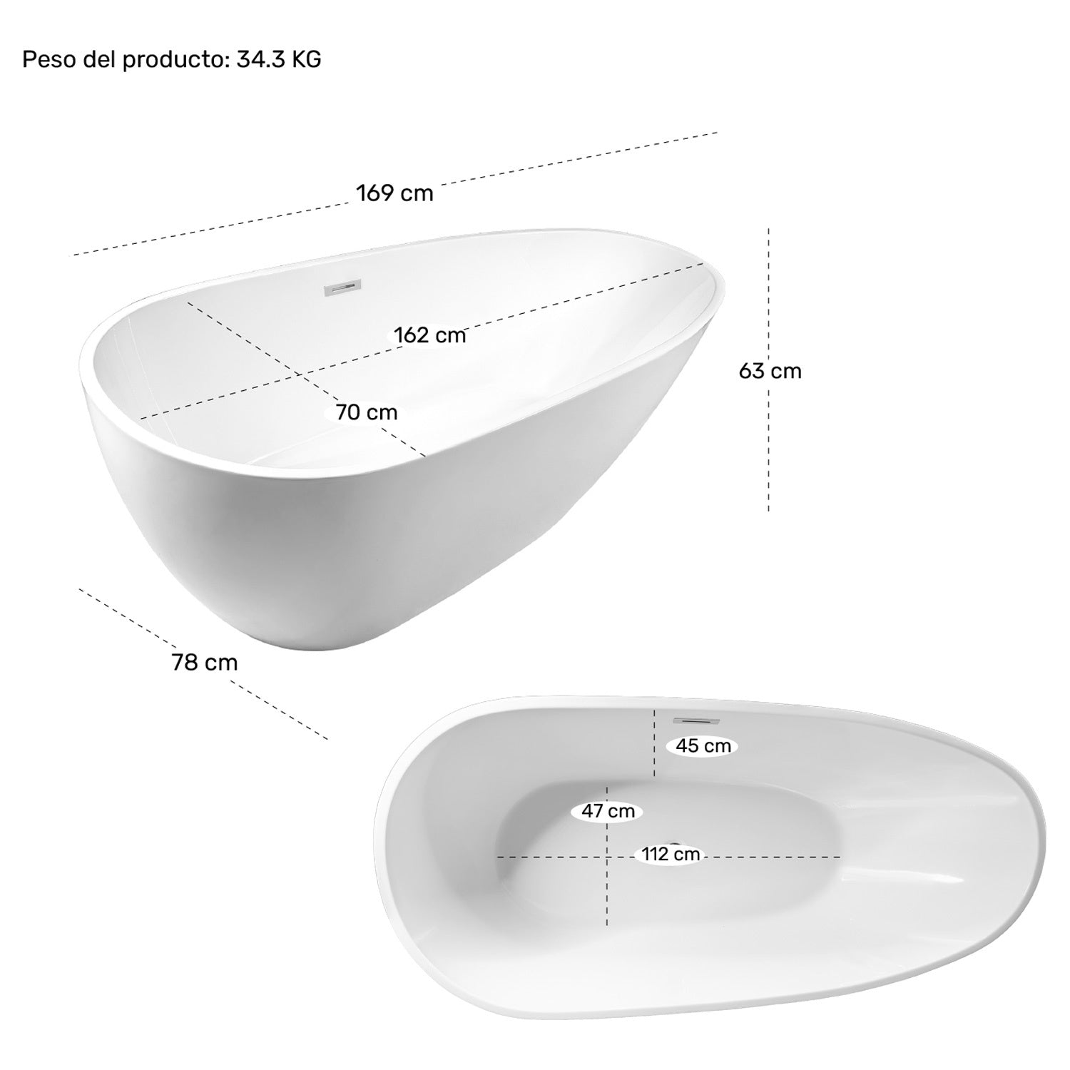 Tina Baño Bañera Fibra Vidrio Lujo Minimalista 283l 169x78 Blanca