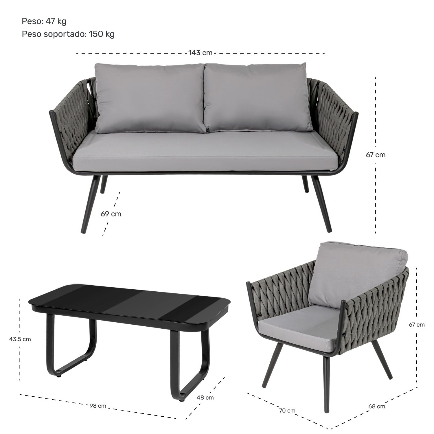 Sala Exterior Tejida Rattan Jardin Patio Terraza 4 Pz Gris
