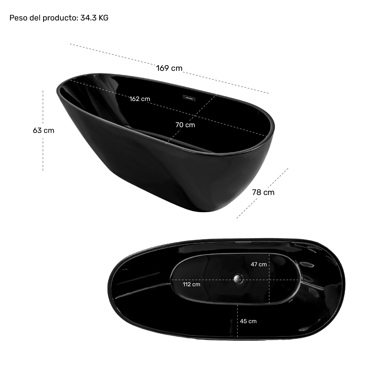 Tina Baño Bañera Fibra Vidrio Lujo Minimalista 283l 169x78 Color Negro