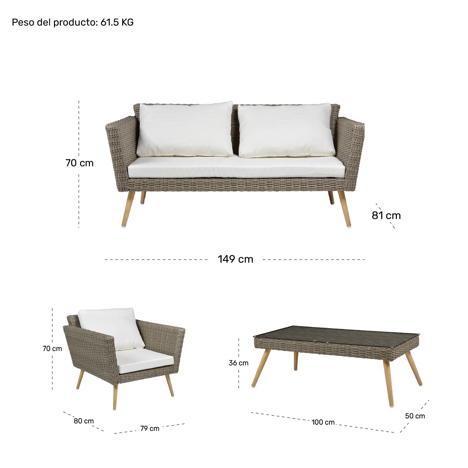 Sala Exterior 4pzs Tipo Rattan Patio Terraza Jardin Beige