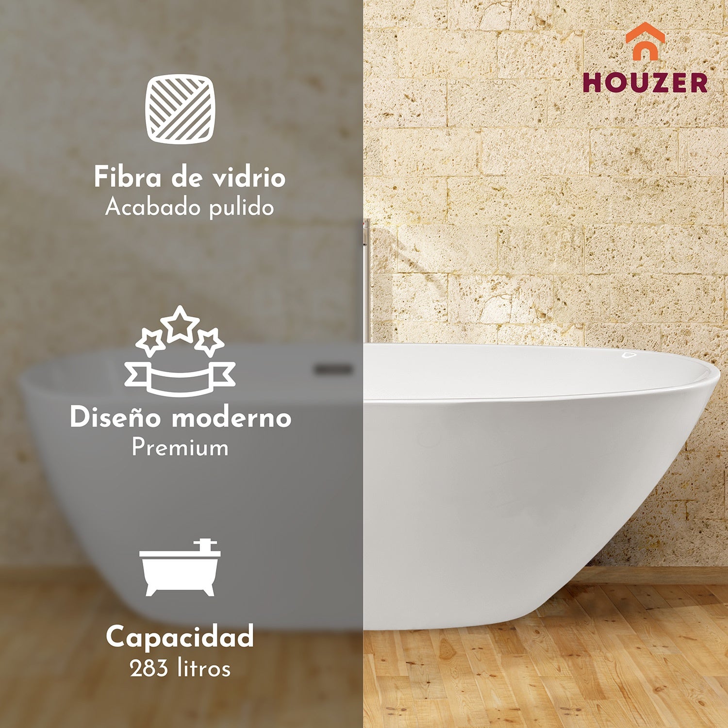 Tina Baño Bañera Fibra Vidrio Lujo Minimalista 283l 169x78 Blanca