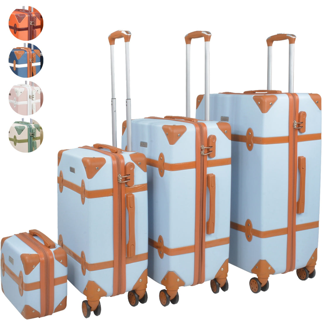 Set 4 Maletas Vintage 4 Ruedas Resistentes Retro Tipo Baul Azul Menta