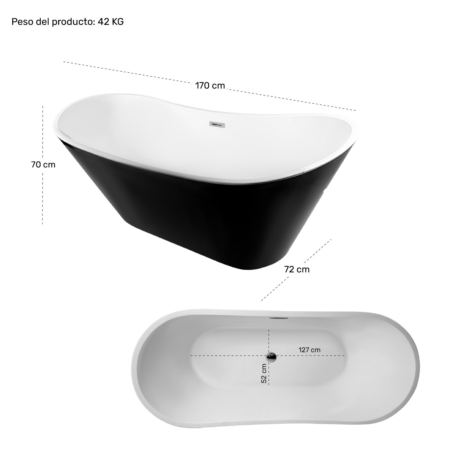 Tina Baño Fibra De Vidrio Bañera Lujo Teseo 170 X 72 X 70 Cm Color Negro
