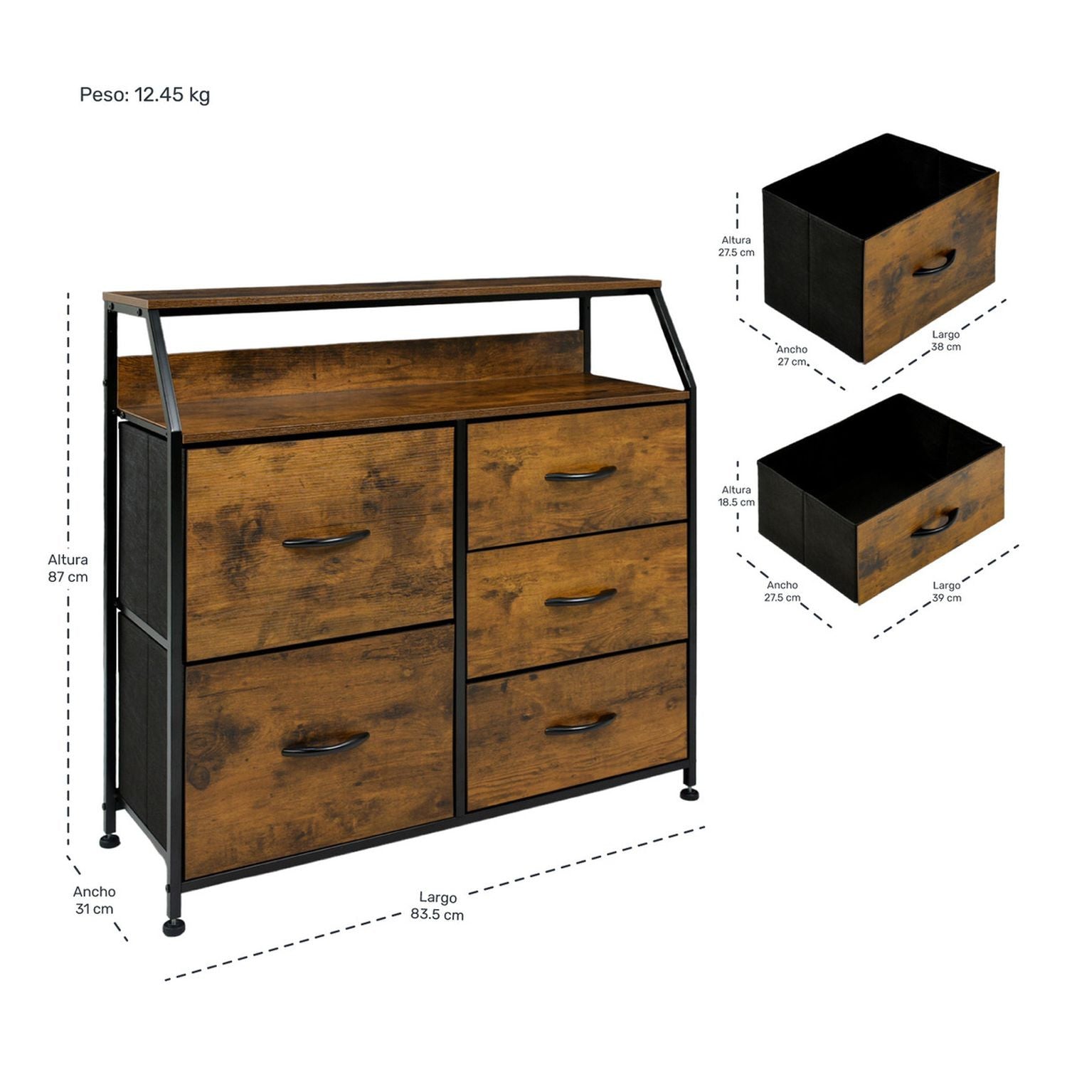 Base Cama Queen Recamara + Comoda 5 Cajones Country Moderno