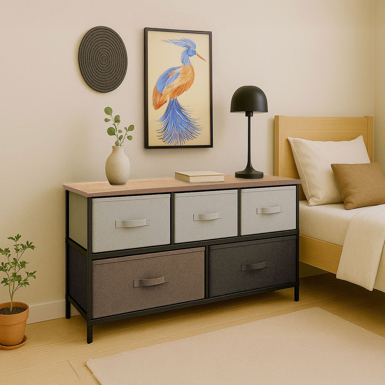 Mueble Buro Organizador Comoda Tela Metal 5 Cajoneras cafe