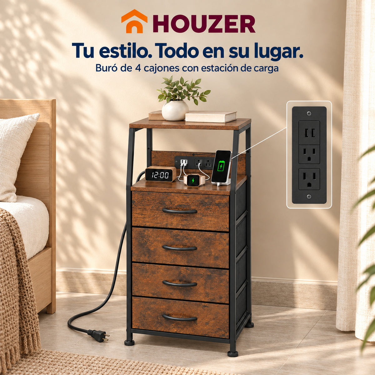 Buro Alto Mesa Noche 4 Cajones Organizador Enchufe Electrico Mate Country