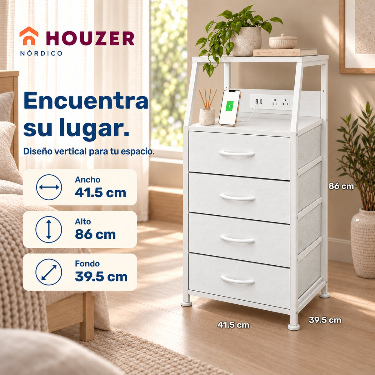 Buro Alto Mesa Noche 4 Cajones Organizador Enchufe Electrico Mate Nórdico
