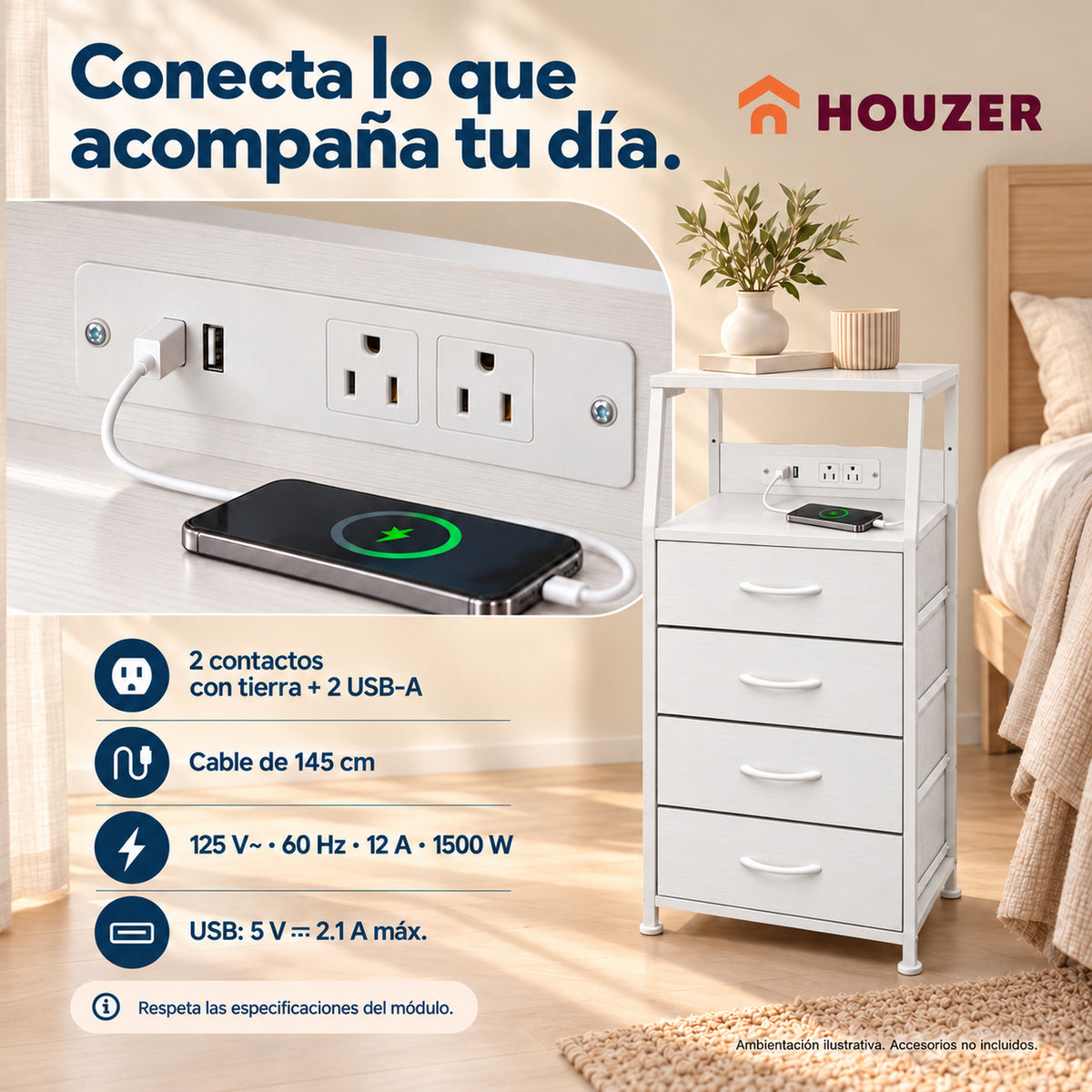 Buro Alto Mesa Noche 4 Cajones Organizador Enchufe Electrico Mate Nórdico