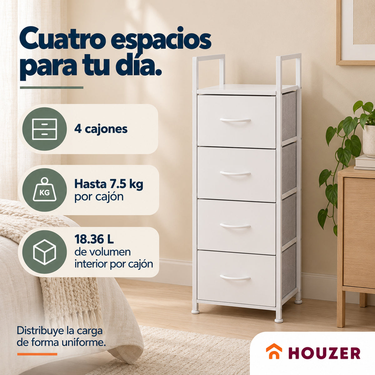 Comoda Cajonera Vertical 4 Cajones Organizador Ropa Recamara Nordico