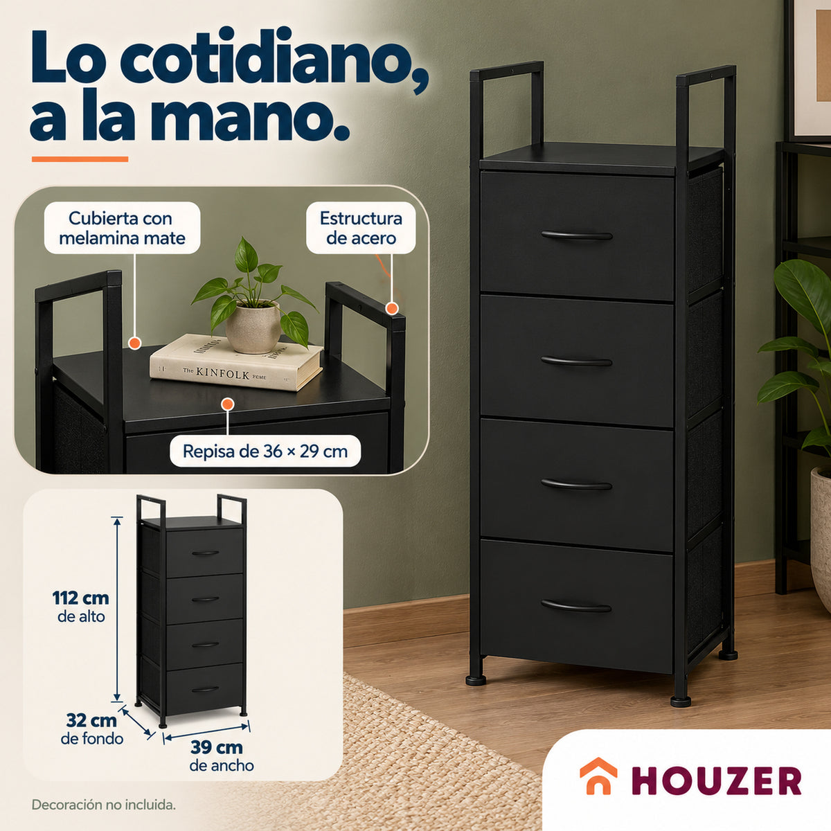 Comoda Cajonera Vertical 4 Cajones Organizador Ropa Recamara Volcano