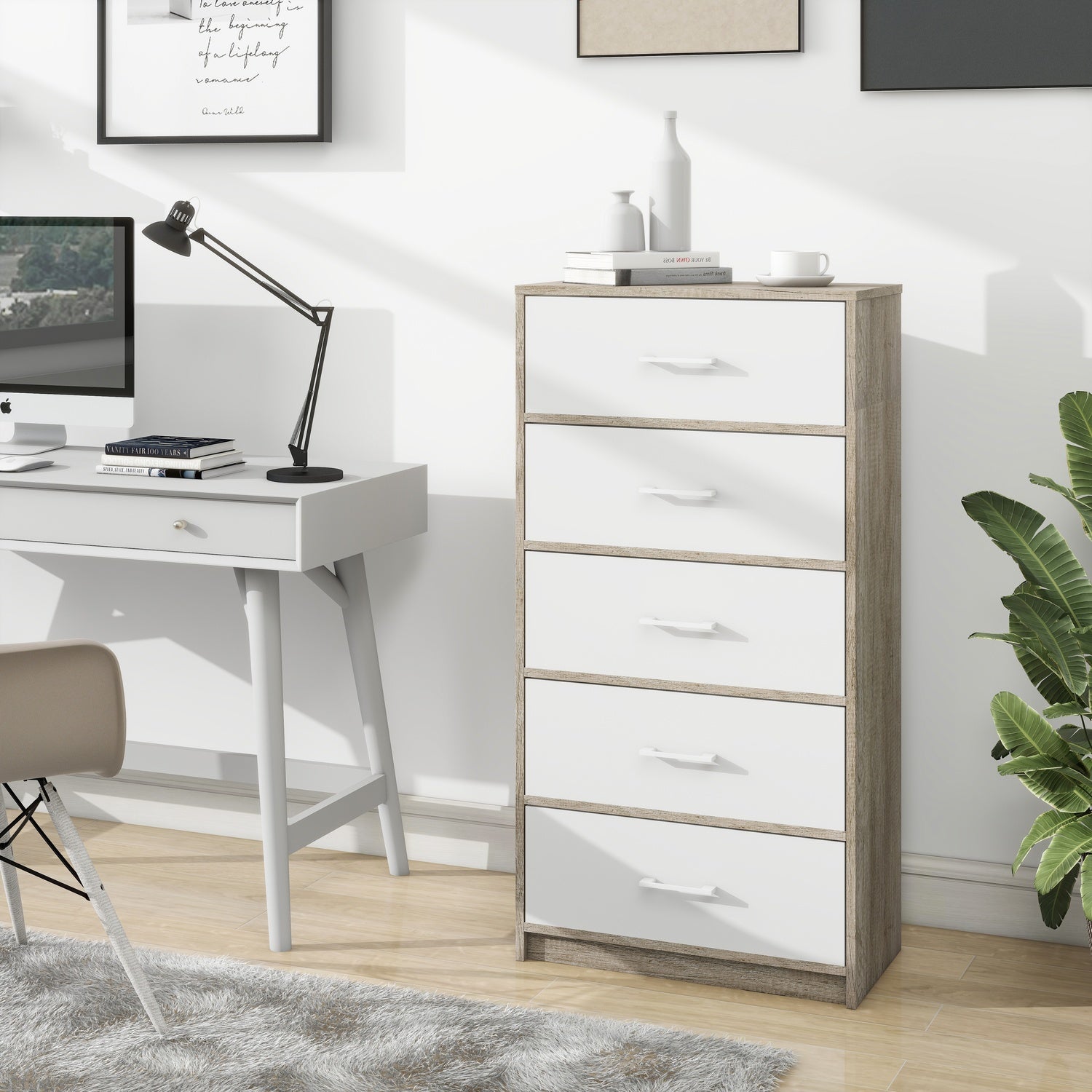 Mueble Comoda Cajonera 5 Cajones Tela Estructura Acero Mdf Color Beige