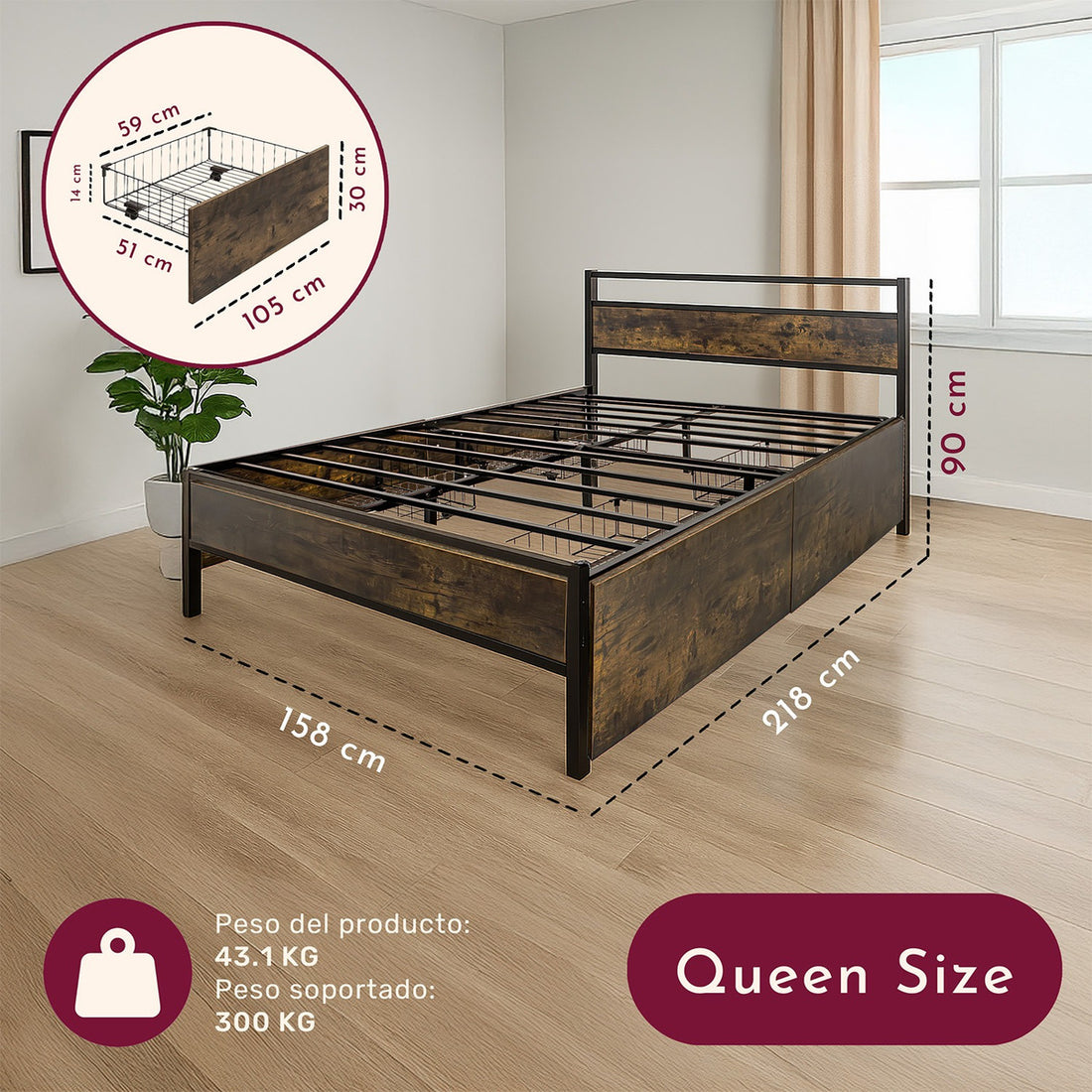 Base Cama Queen Country Tipo Madera Cajones Metal Acero