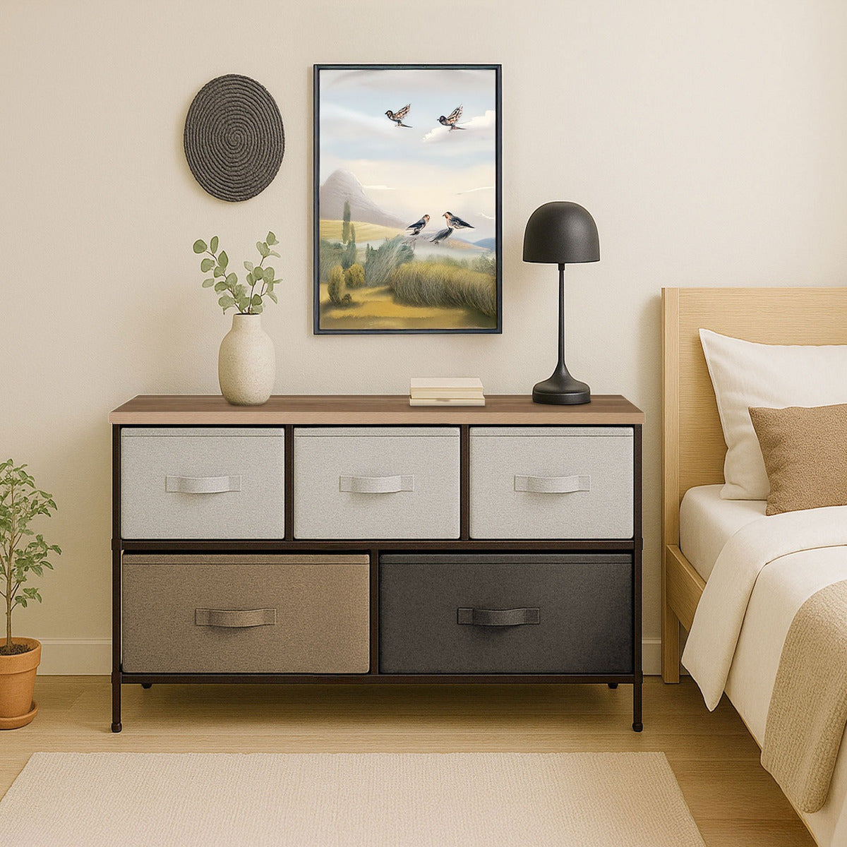 Mueble Buro Organizador Comoda Tela Metal 5 Cajoneras cafe