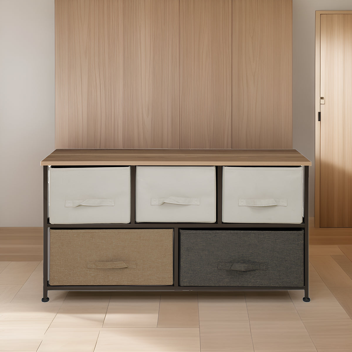 Mueble Buro Organizador Comoda Tela Metal 5 Cajoneras cafe