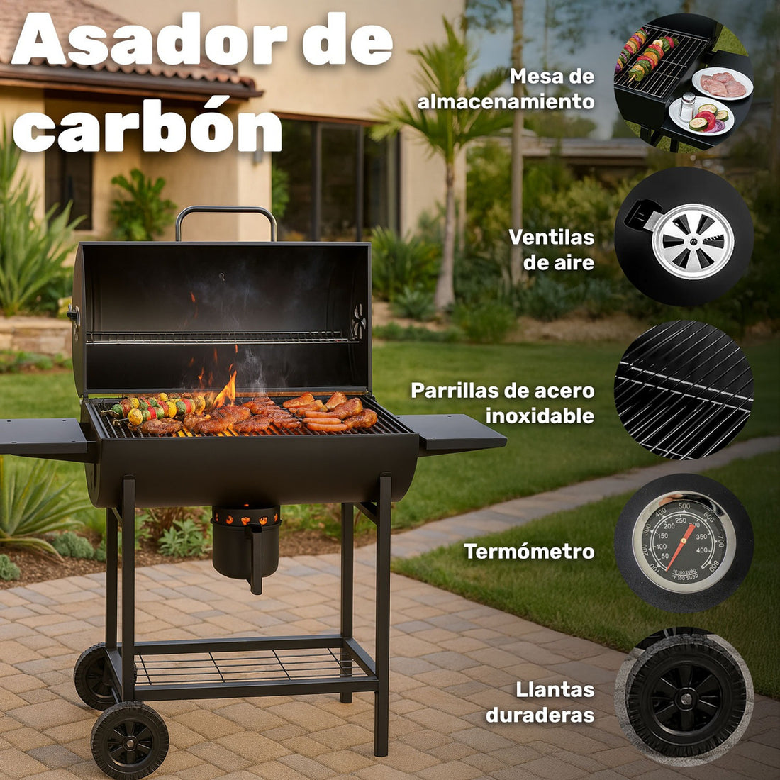 Asador Carne Parrilla Carbon Bbq Movil Termometro Cenicero