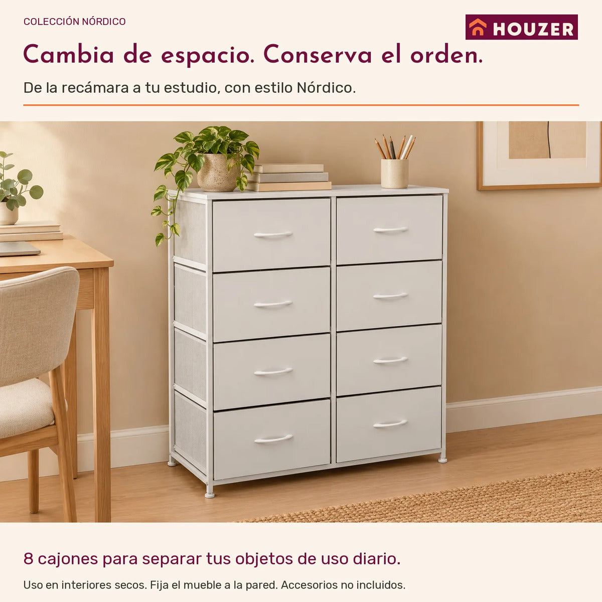 Comoda Cajonera Organizador Vertical 8 Cajones Acero Repisa Blanco