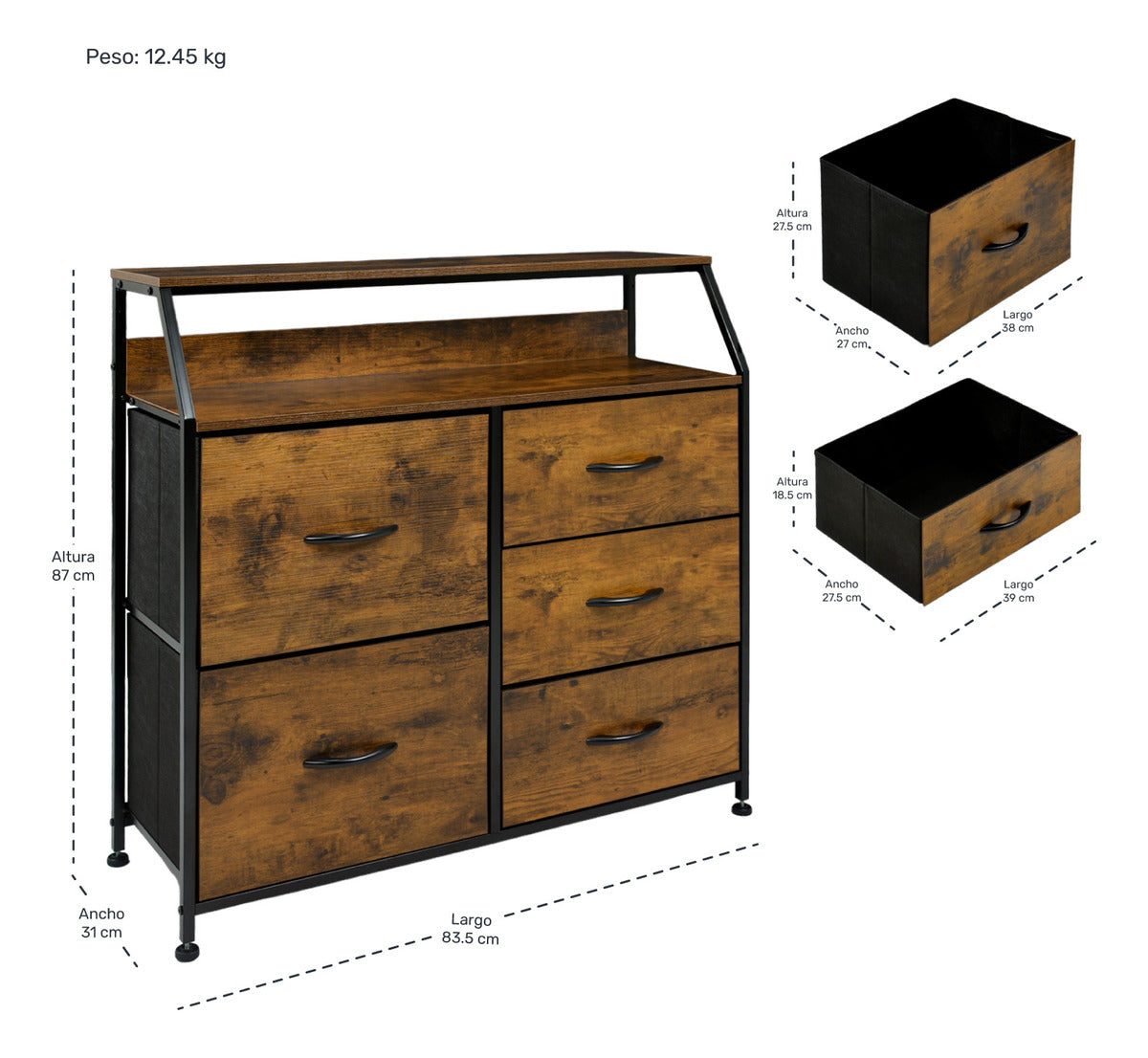 Base Cama Queen Recamara + Comoda 5 Cajones Country Moderno