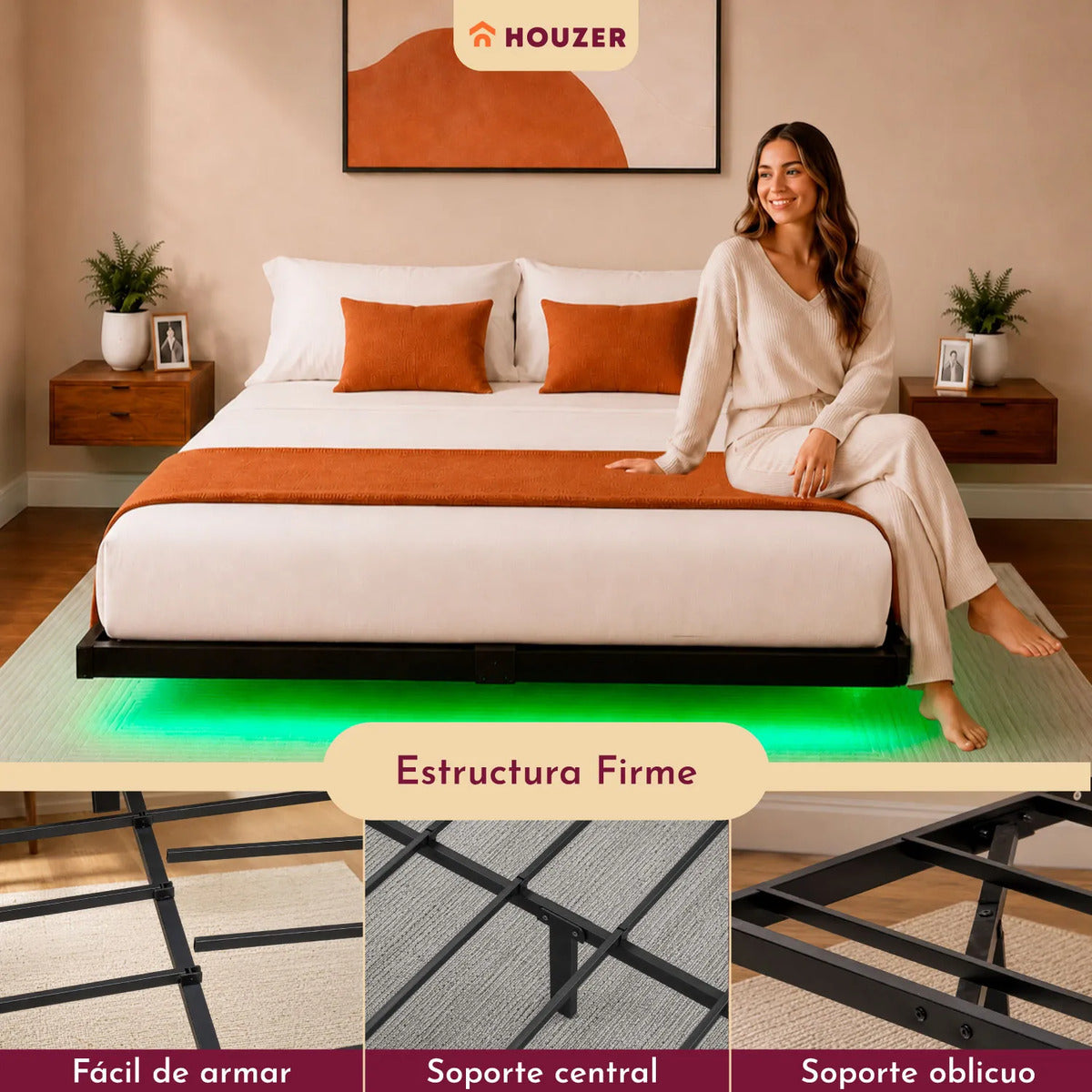 Base Cama Flotante Matrimonial Size Con Luces Led+app 191 Cm Negro