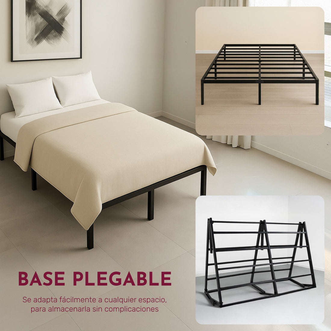 Base Cama Matrimonial Box Plegable Metal Acero Soporta 250kg