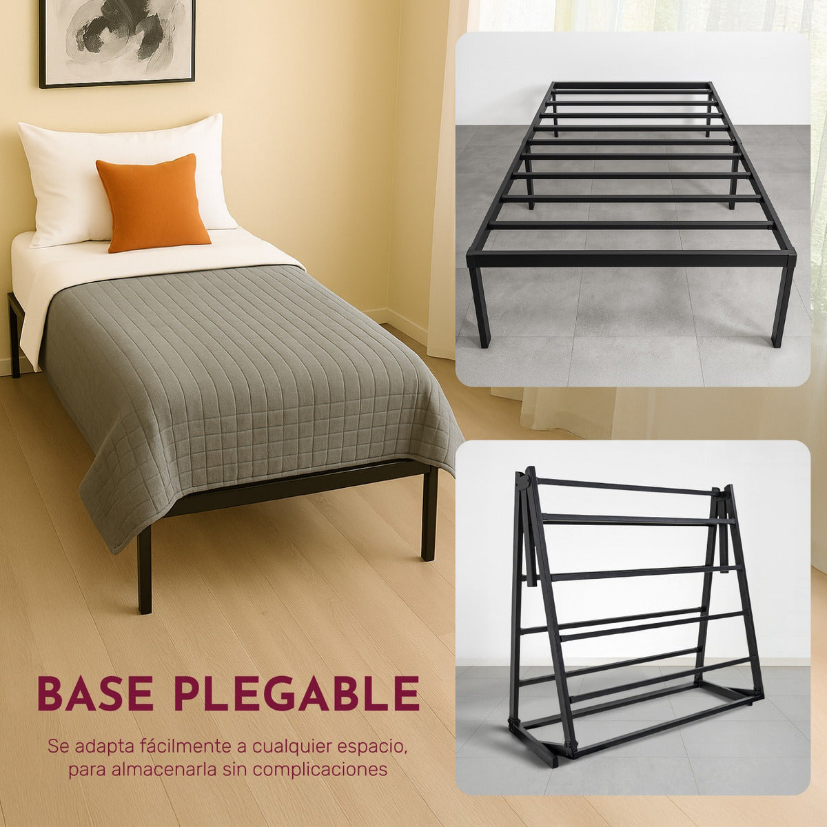 Base Cama Individual Box Plegable Metal Acero Soporta 150kg