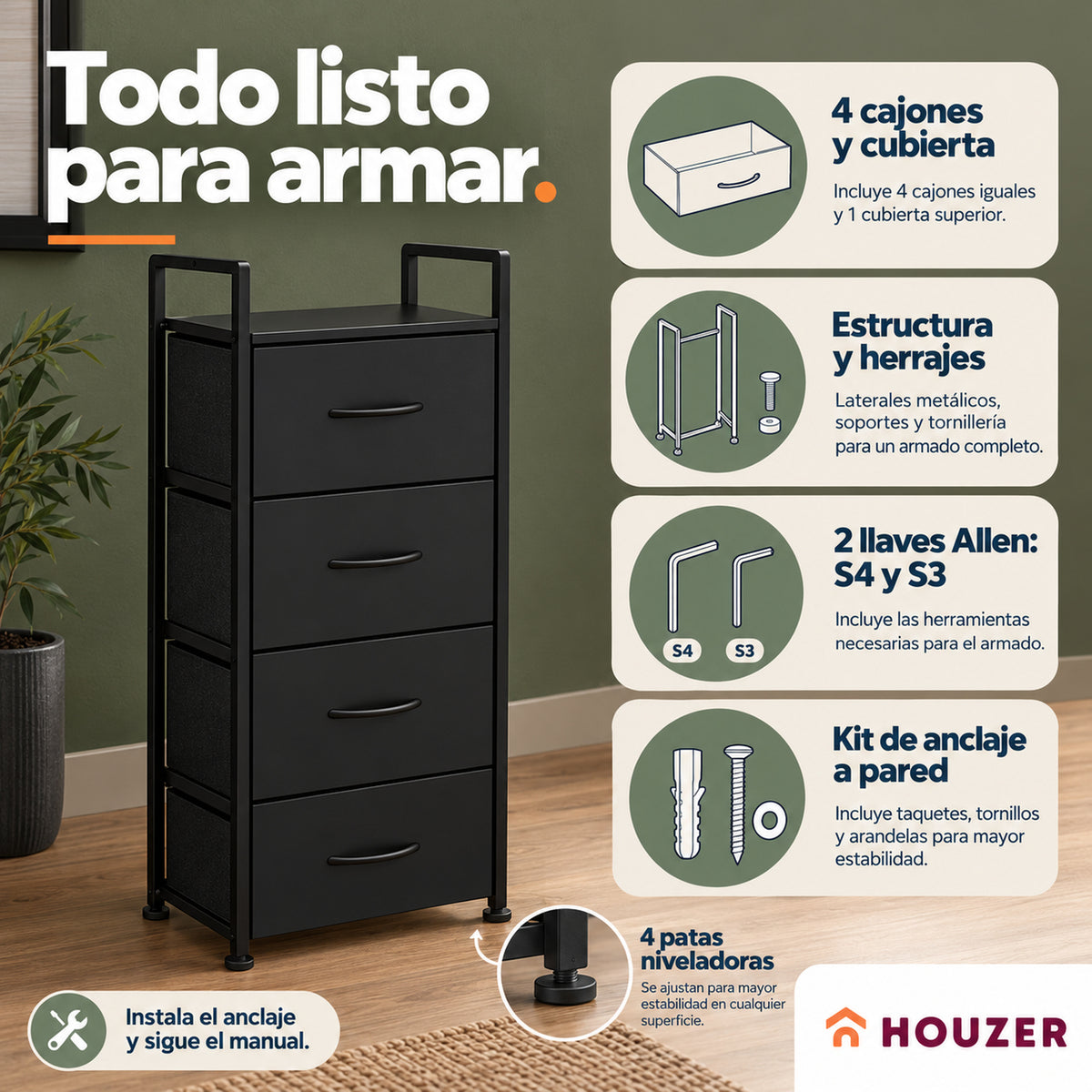 Comoda Cajonera Vertical 4 Cajones Organizador Ropa Recamara Volcano