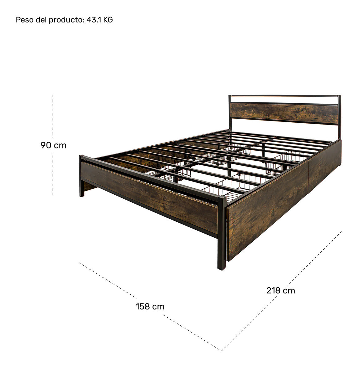 Base Cama Queen Recamara + Comoda 5 Cajones Country Moderno