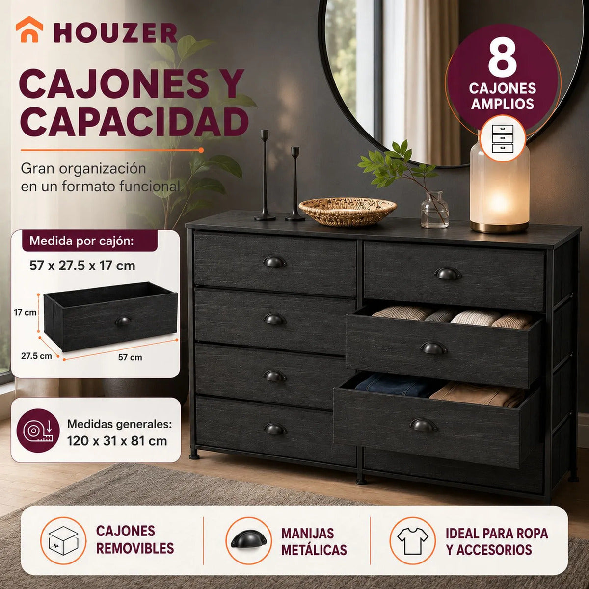 Comoda Cajonera 8 Cajones Mueble Organizador Ropa Negro Negro