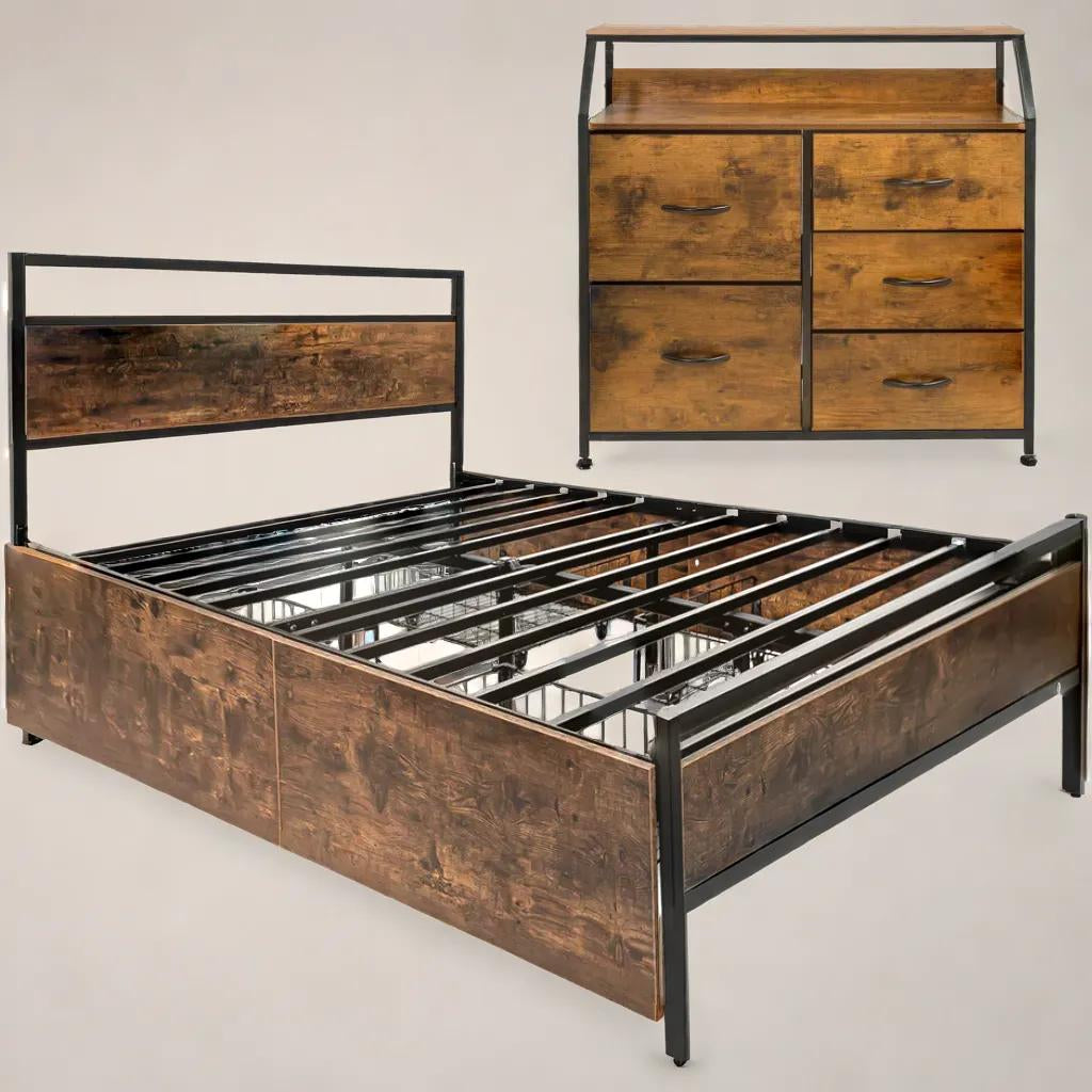 Base Cama Matrimonial Cajones + Comoda Country Moderno