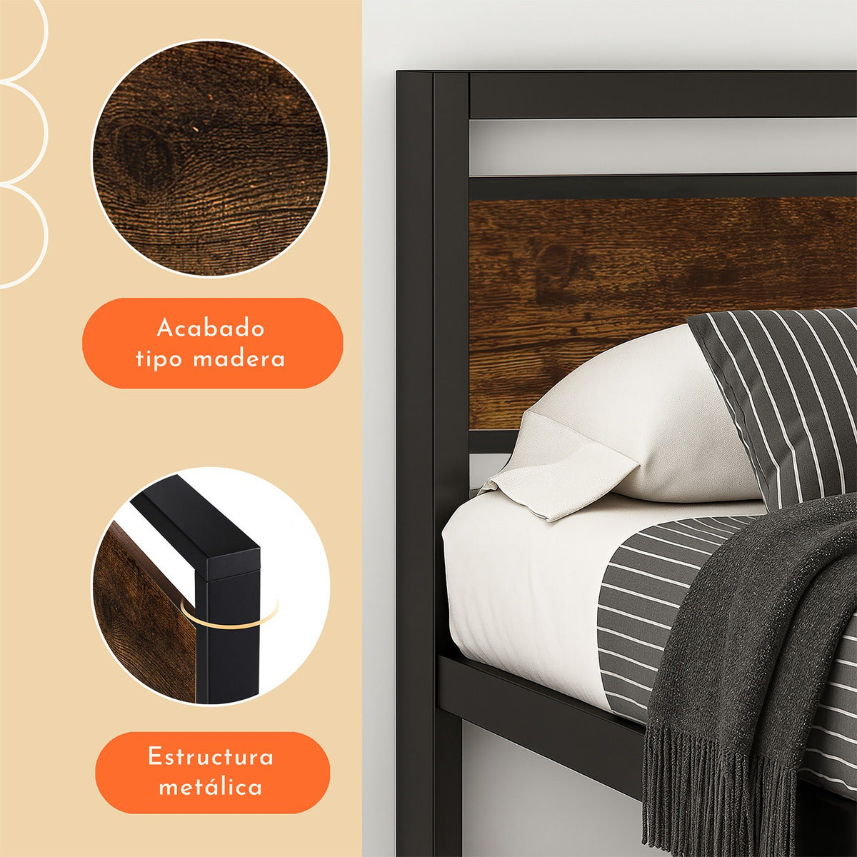 Base Cama Queen Country Tipo Madera Cajones Metal Acero