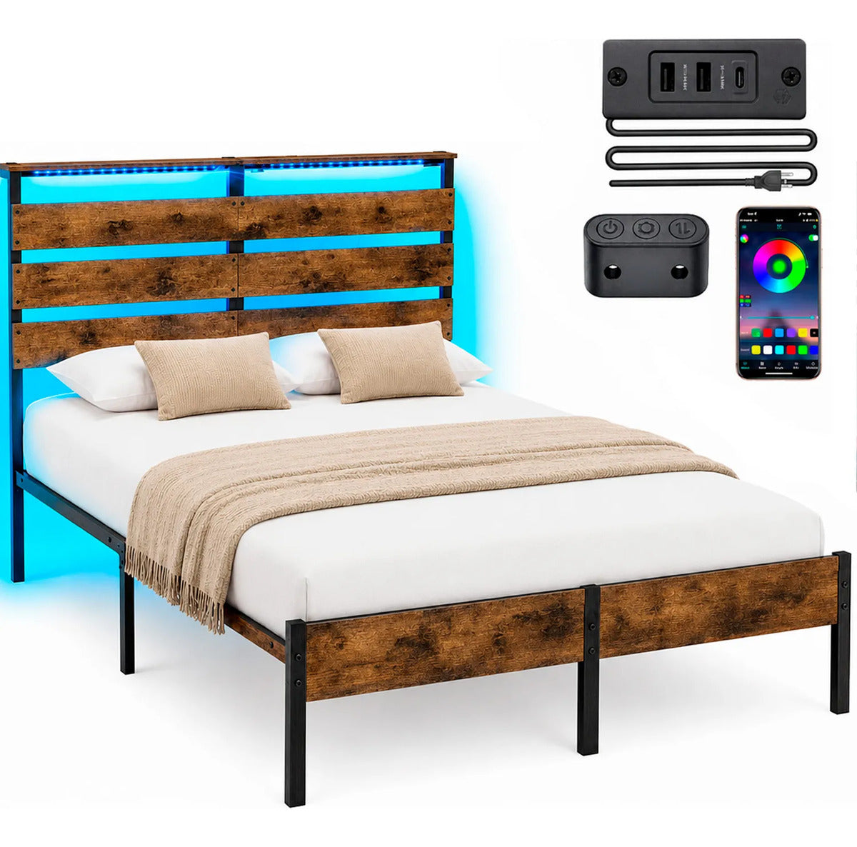 Base Cama Matrimonial Reforzada 750kg Cabecera Luz Led Usb C Marrón
