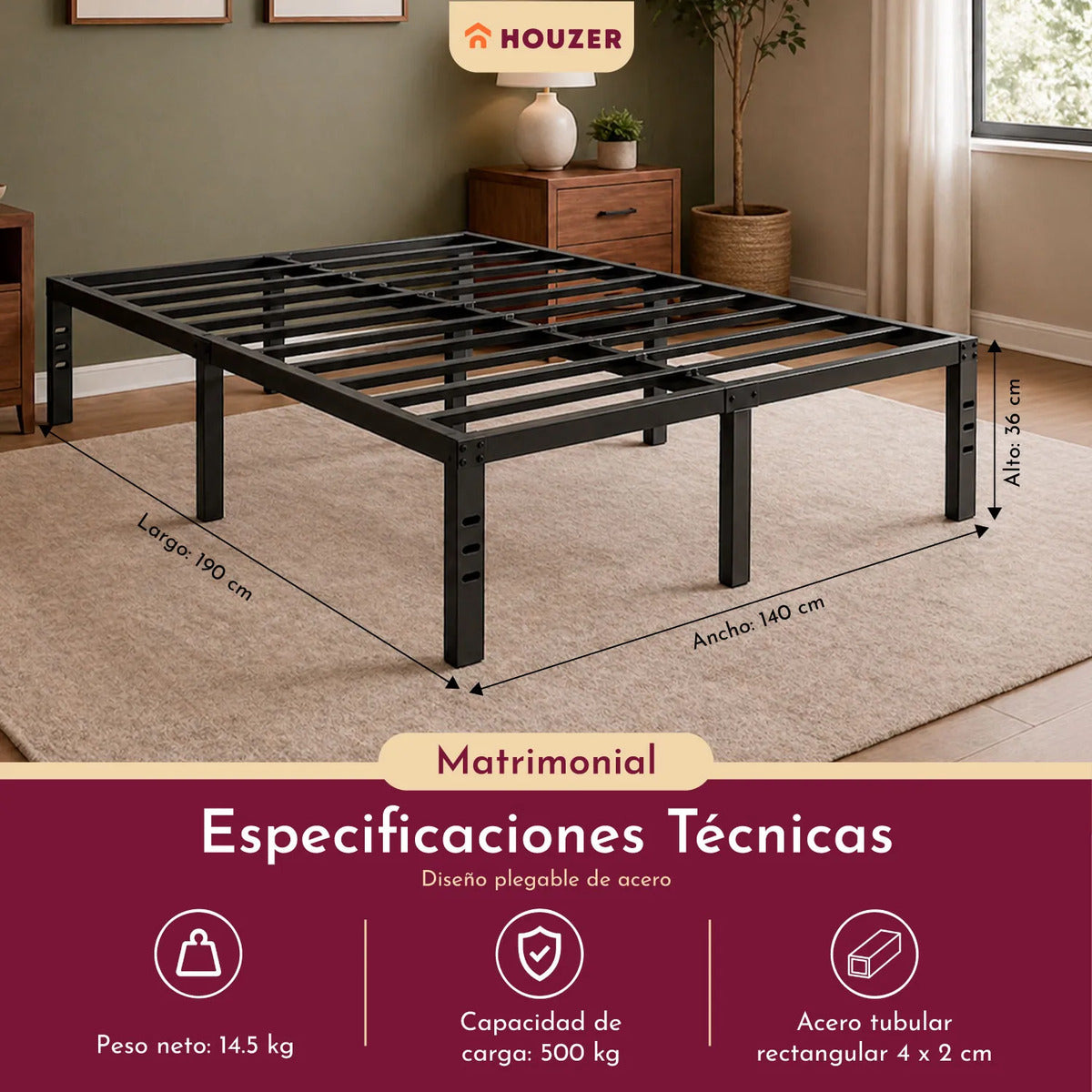 Base Cama Matrimonial Plegable Reforzada Soporta 500kg Acero Negro