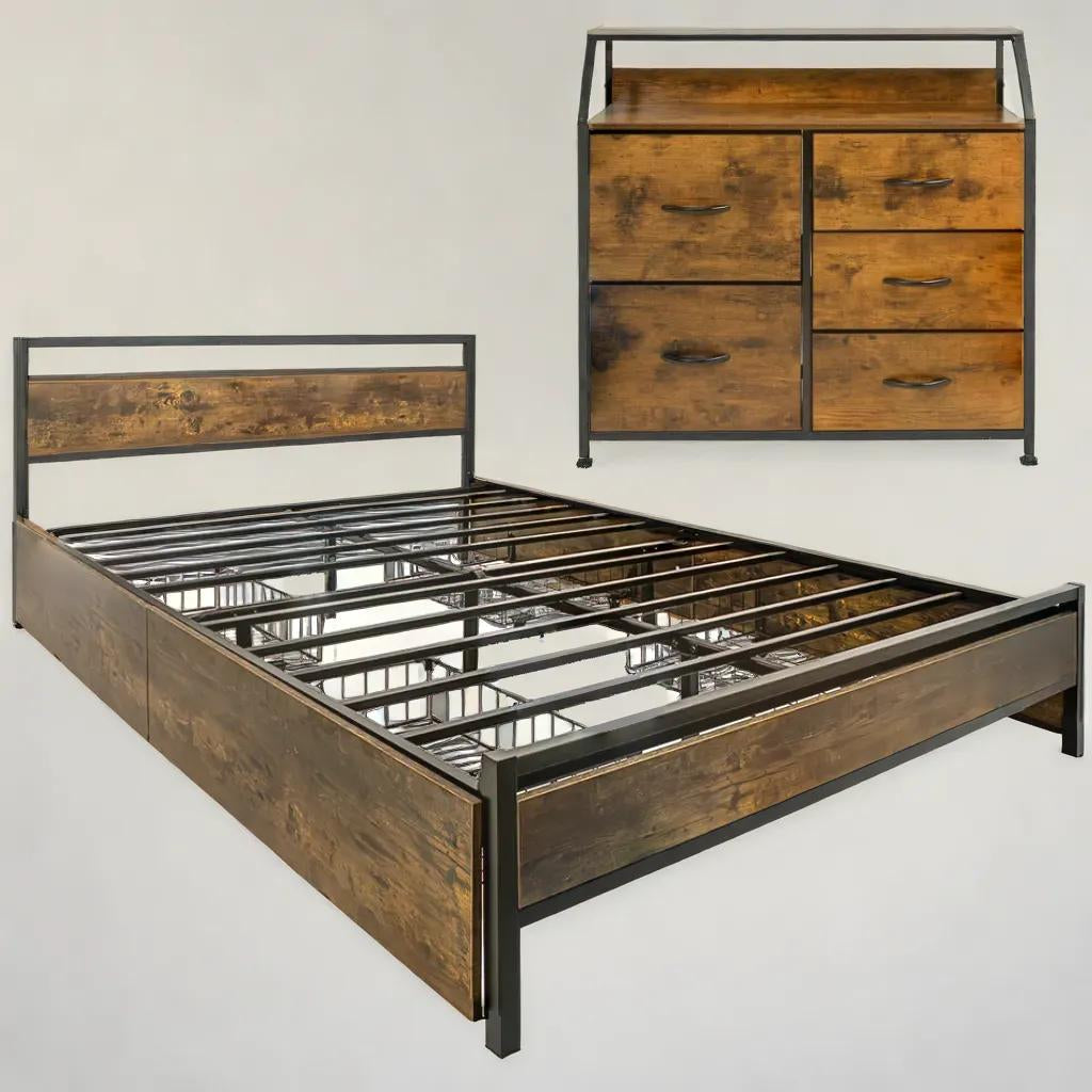 Base Cama Queen Recamara + Comoda 5 Cajones Country Moderno