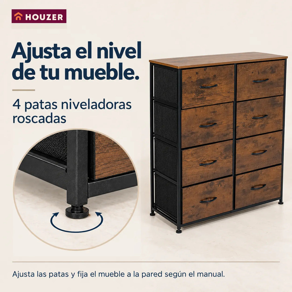Comoda Cajonera Organizador Vertical 8 Cajones Acero Repisa Marrón