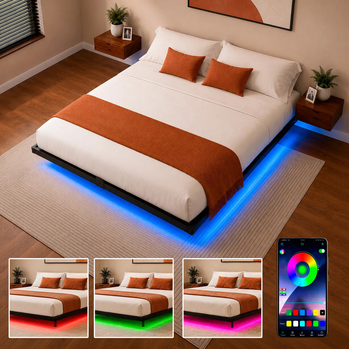 Base Cama Flotante Matrimonial Size Con Luces Led+app 191 Cm Negro