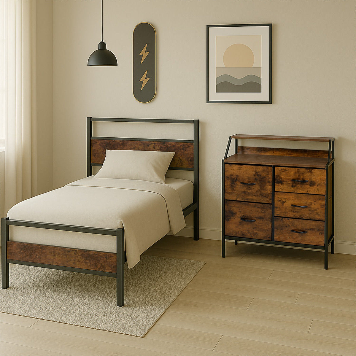 Cama Base Individual + Comoda 5 Cajones Country Moderna