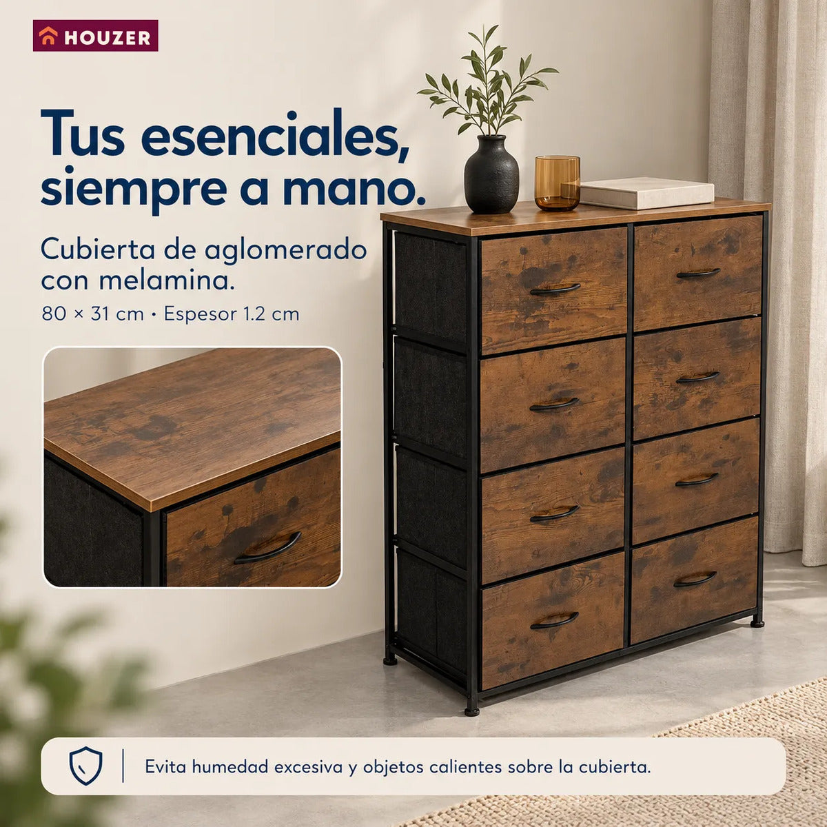 Comoda Cajonera Organizador Vertical 8 Cajones Acero Repisa Marrón