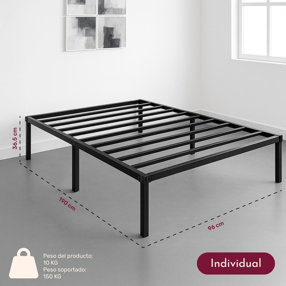 Base Cama Individual Box Plegable Metal Acero Soporta 150kg