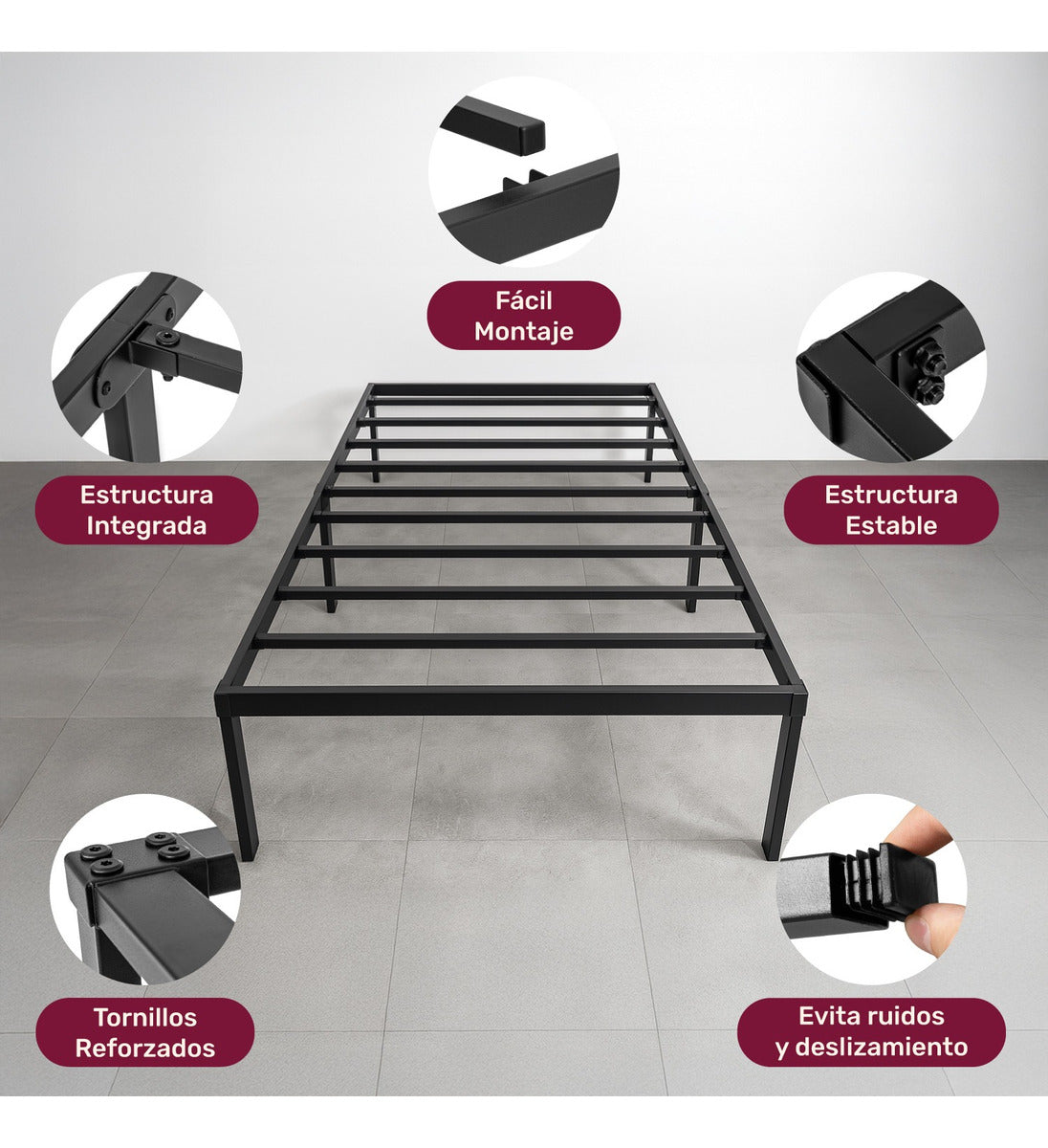 Base Cama Individual Box Plegable Metal Acero Soporta 150kg