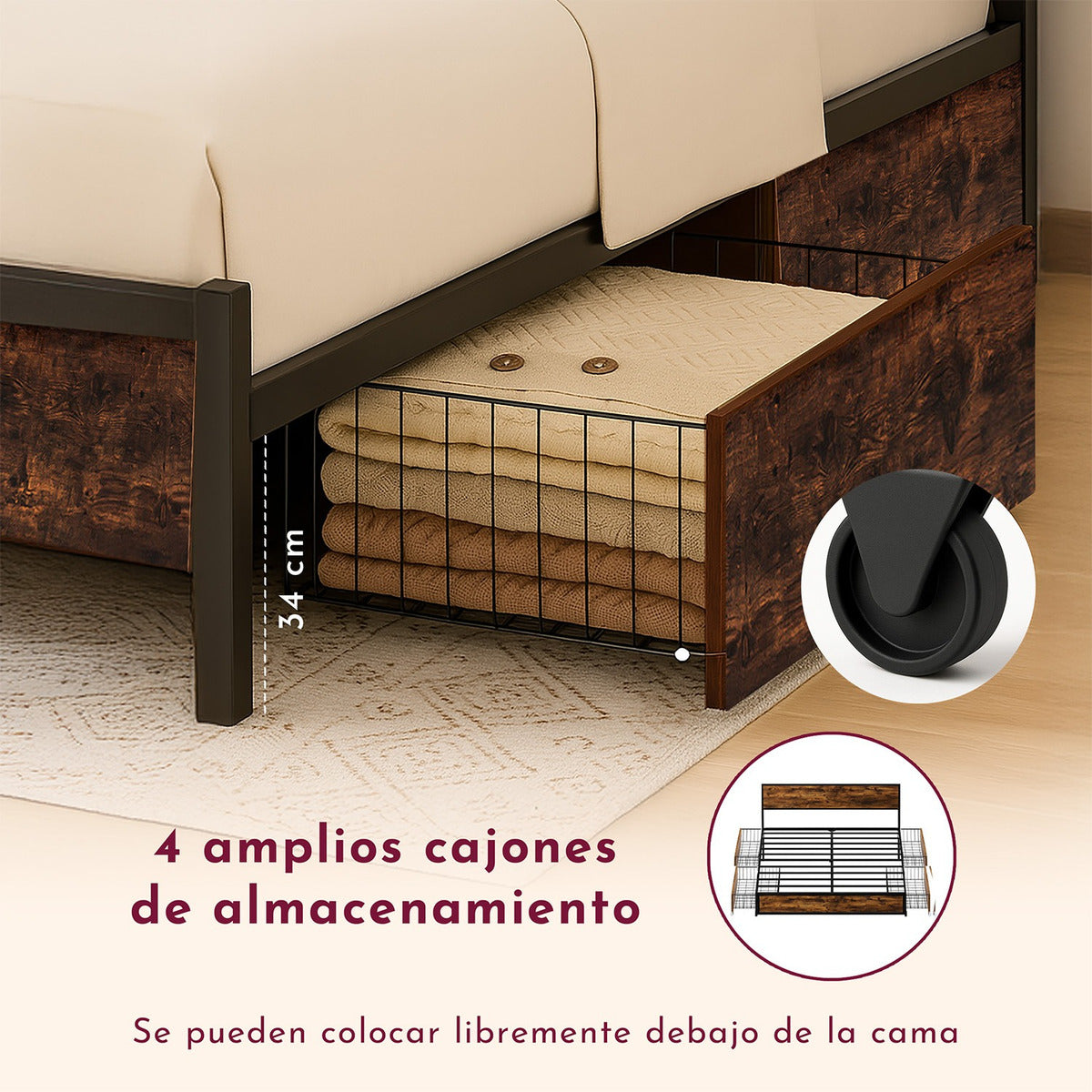 Base Cama Queen Country Tipo Madera Cajones Metal Acero
