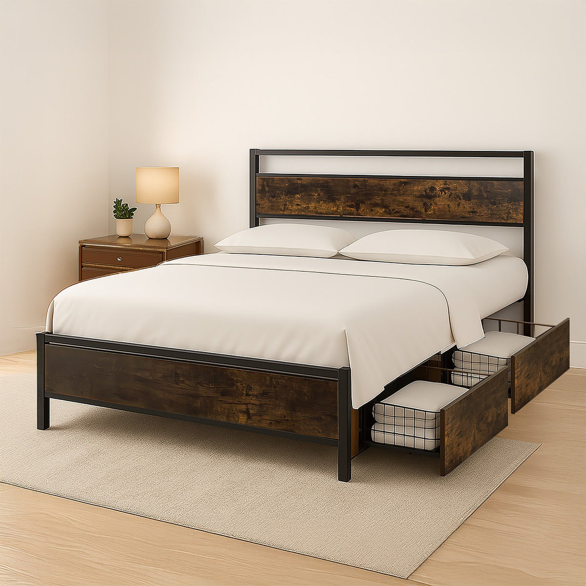 Base Cama Queen Country Tipo Madera Cajones Metal Acero