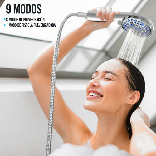 Regadera Antimicrobiana Con Manguera Ultra Flexible 9 Modos Acabado Cepillado