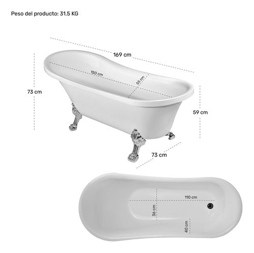 Tina Baño Premium Vintage 179l Fibra Vidrio 169x73x73 Cm