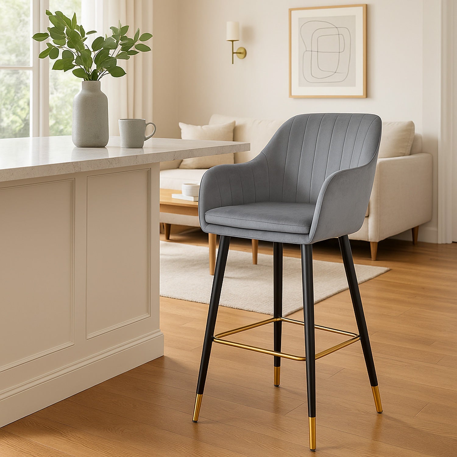 Silla Alta Tapizada Banco Sillon Eames Gris Terciopelo