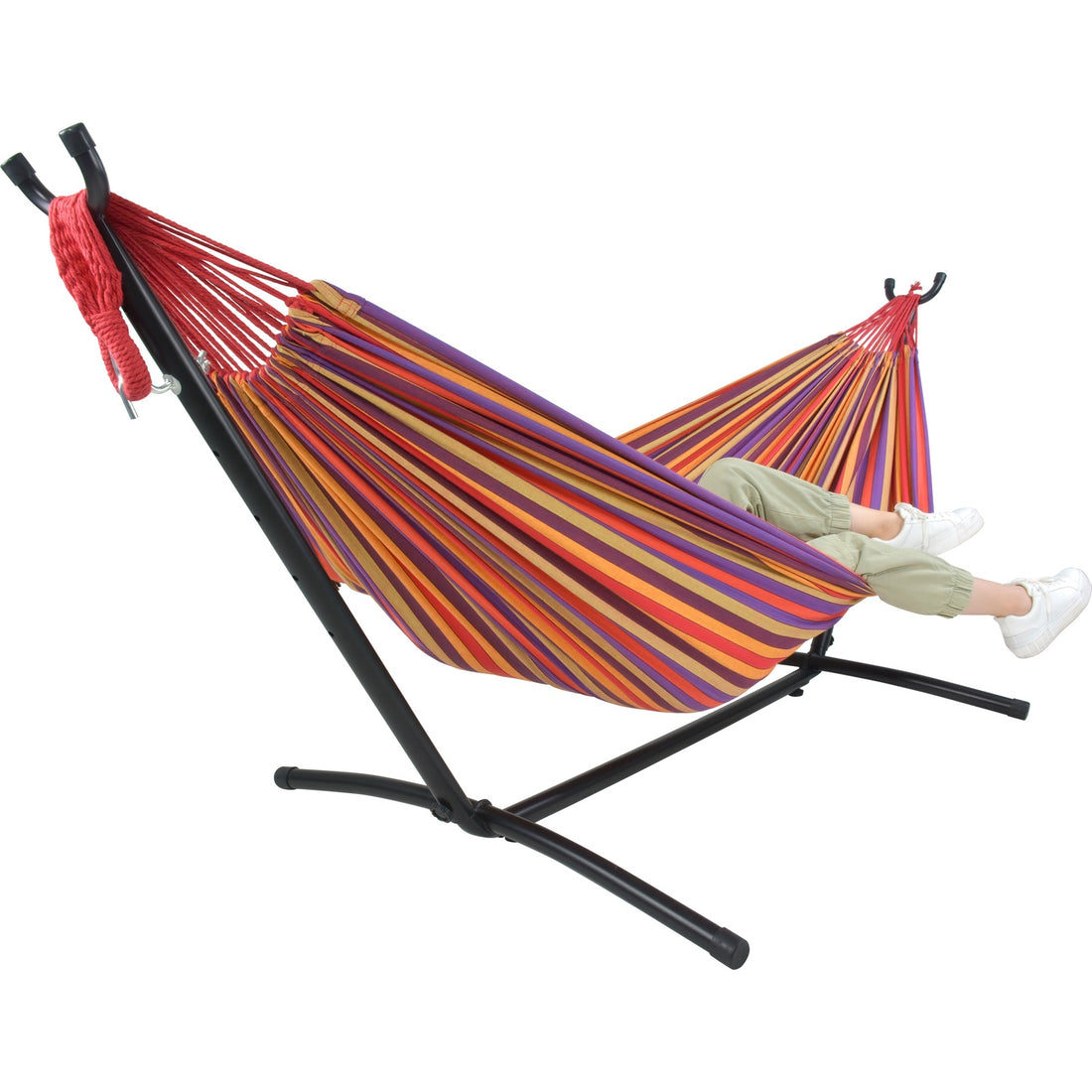 Hamaca Roja Doble Soporte Con Base De Acero Reforzado