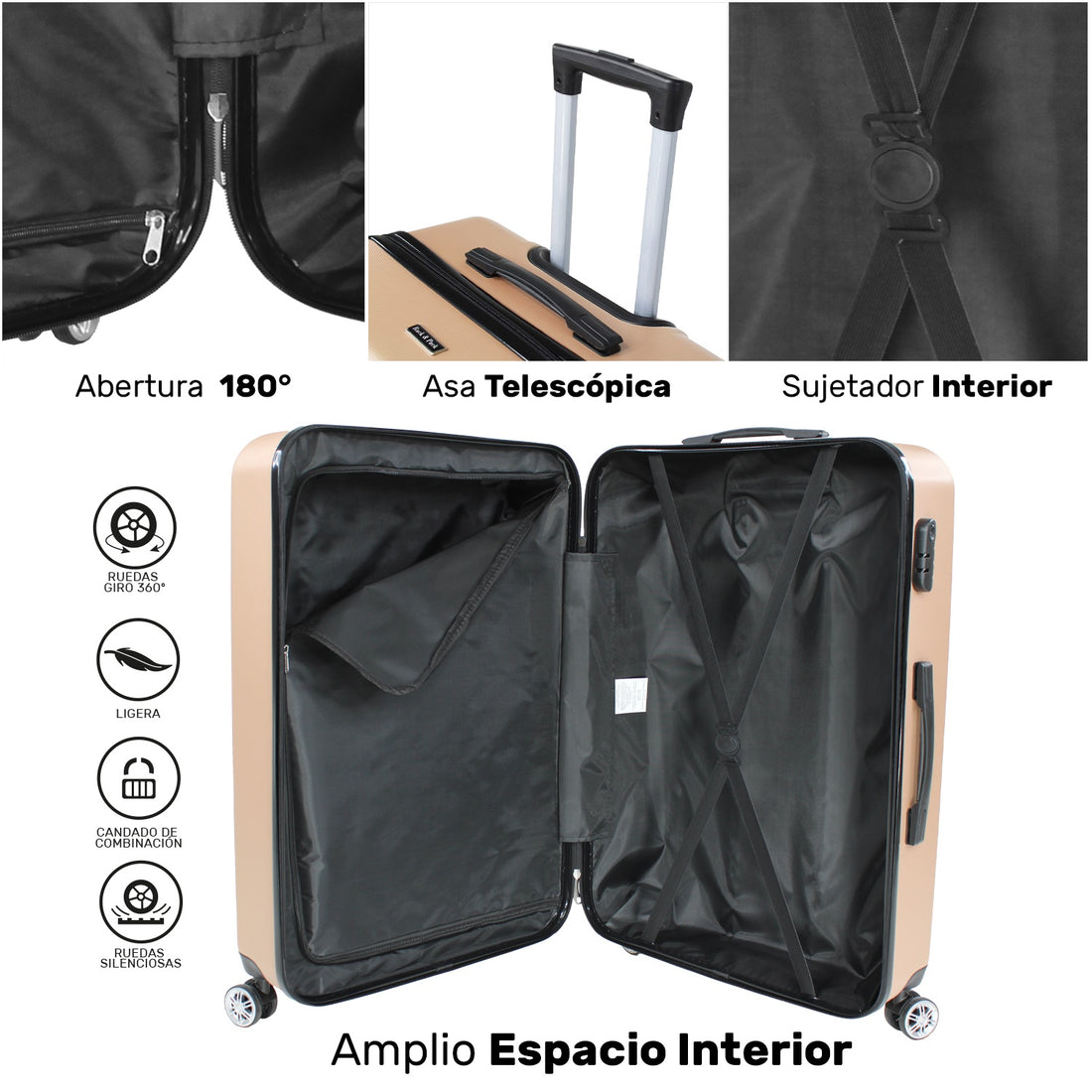 Set 4 Maletas Dorada Vintage Resistente 4 Ruedas 360